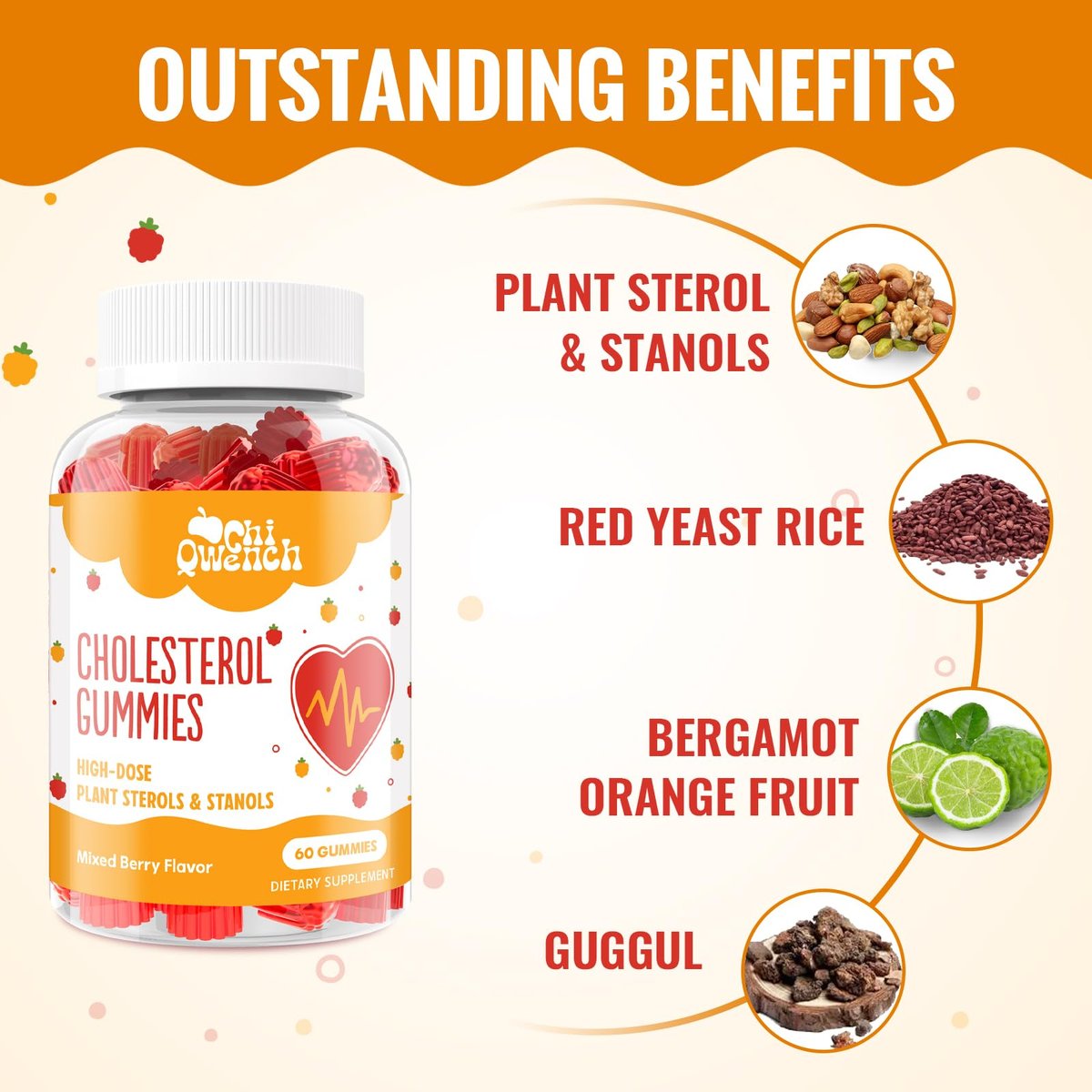 ChiQwench Cholesterin Gummies mit 1500 mg Pflanzensterinen & Stanolen, Cholesterin-Unterstützung, Beeren-Mix-Geschmack, 60 Stück