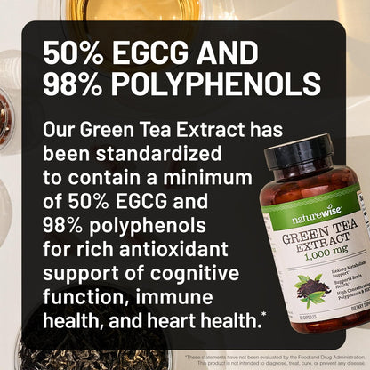 NatureWise Grüntee-Extrakt Kapseln 1000 mg – 50 % EGCG & 98 % Polyphenole – Extra starke Grüntee-Pillen – Antioxidantien für Herzgesundheit & Energie – Vegan, Nicht-GVO – 90 Kapseln (45-Tage-Vorrat)