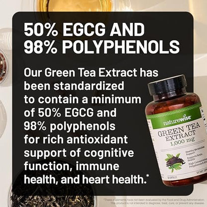 NatureWise Grüntee-Extrakt Kapseln 1000 mg – 50 % EGCG & 98 % Polyphenole – Extra starke Grüntee-Pillen – Antioxidantien für Herzgesundheit & Energie – Vegan, Nicht-GVO – 90 Kapseln (45-Tage-Vorrat)