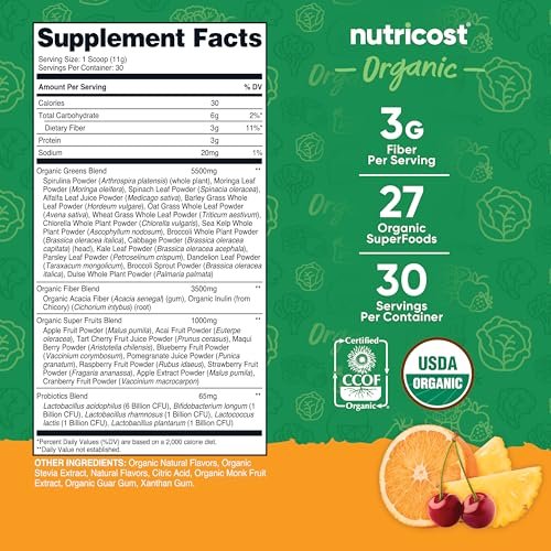 Nutricost Organic Super Greens Pulver (30 Portionen) Orange Sunrise Geschmack - Superfood-Getränkemischung