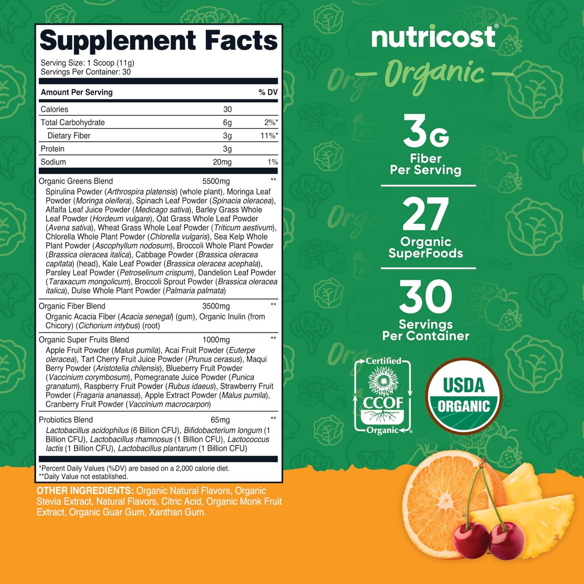 Nutricost Organic Super Greens Pulver (30 Portionen) Orange Sunrise Geschmack - Superfood-Getränkemischung