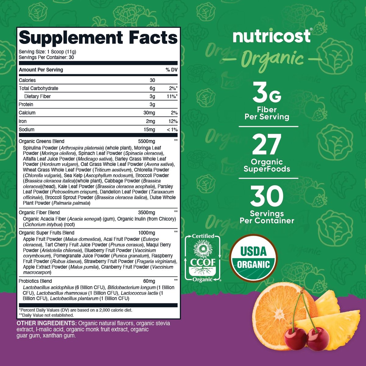 Nutricost Bio-Grünes Superfood-Pulver mit Beeren-Geschmack (30 Portionen) - Nahrungsergänzungsmittel-Drinkmischung