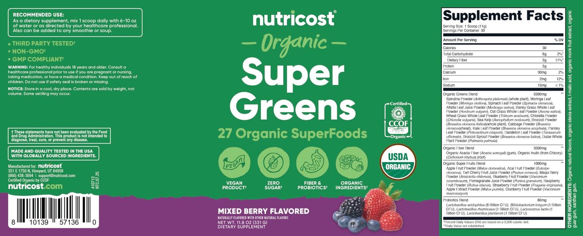 Nutricost Bio-Grünes Superfood-Pulver mit Beeren-Geschmack (30 Portionen) - Nahrungsergänzungsmittel-Drinkmischung