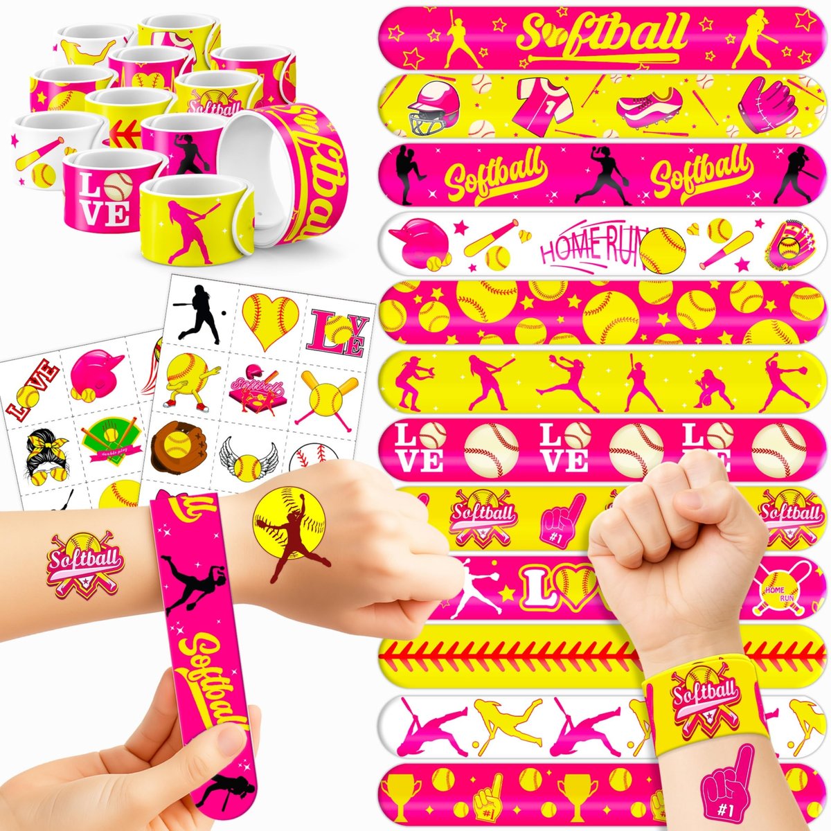 Cherisnowy 72-teiliges Softball-Party-Set: 48 temporäre Tattoos & 24 Armband-Spaßbänder – Sport-Themen-Geburtstagsbedarf, Babygeschenke, Klassenzimmer-Belohnungen & Party-Deko für Kinder, Jungen & Mädchen