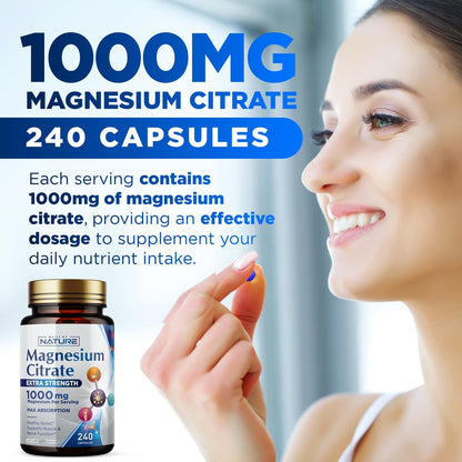 Magnesiumcitrat 1000mg – Hochdosiertes Magnesiumkomplex für Herz, Muskeln, Nerven, Knochen & Stressabbau – Nicht-GVO, glutenfrei – 240 vegane Kapseln