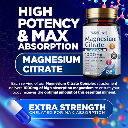 Magnesiumcitrat 1000mg – Hochdosiertes Magnesiumkomplex für Herz, Muskeln, Nerven, Knochen & Stressabbau – Nicht-GVO, glutenfrei – 240 vegane Kapseln
