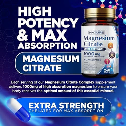 Magnesiumcitrat 1000mg – Hochdosiertes Magnesiumkomplex für Herz, Muskeln, Nerven, Knochen & Stressabbau – Nicht-GVO, glutenfrei – 240 vegane Kapseln