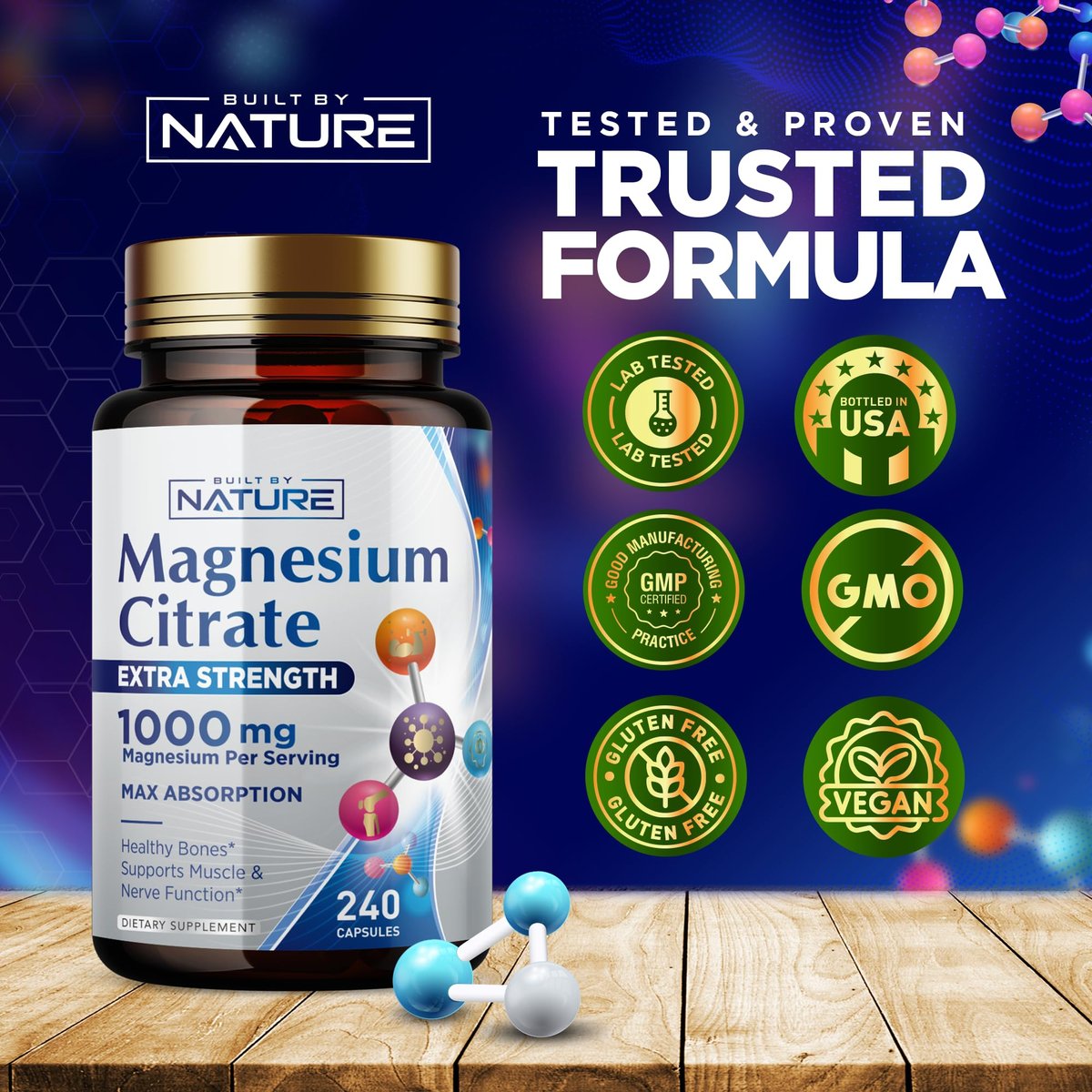 Magnesiumcitrat 1000mg – Hochdosiertes Magnesiumkomplex für Herz, Muskeln, Nerven, Knochen & Stressabbau – Nicht-GVO, glutenfrei – 240 vegane Kapseln