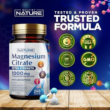 Magnesiumcitrat 1000mg – Hochdosiertes Magnesiumkomplex für Herz, Muskeln, Nerven, Knochen & Stressabbau – Nicht-GVO, glutenfrei – 240 vegane Kapseln