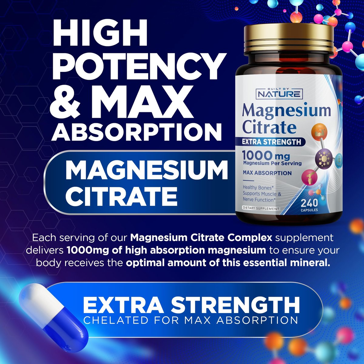 Magnesiumcitrat 1000mg – Hochdosiertes Magnesiumkomplex für Herz, Muskeln, Nerven, Knochen & Stressabbau – Nicht-GVO, glutenfrei – 240 vegane Kapseln
