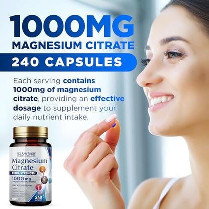 Magnesiumcitrat 1000mg – Hochdosiertes Magnesiumkomplex für Herz, Muskeln, Nerven, Knochen & Stressabbau – Nicht-GVO, glutenfrei – 240 vegane Kapseln