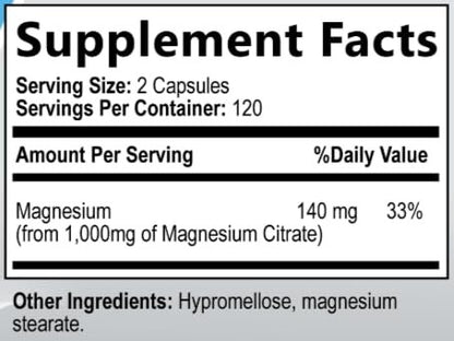 Magnesiumcitrat 1000mg – Hochdosiertes Magnesiumkomplex für Herz, Muskeln, Nerven, Knochen & Stressabbau – Nicht-GVO, glutenfrei – 240 vegane Kapseln