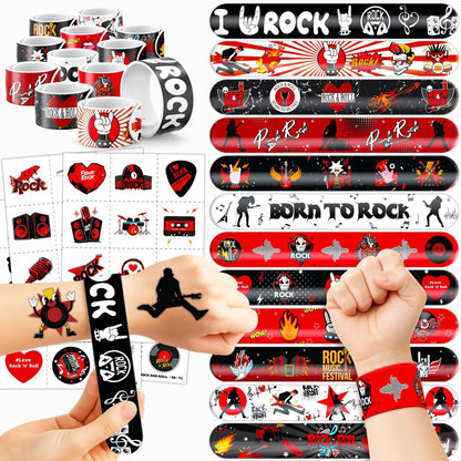 Cherisnowy 72-teiliges Rock and Roll Party-Set: 48 temporäre Tattoos + 24 Slap-Armbänder für Musik-Fans, Kindergeburtstage, Schulbelohnungen und Partydekoration