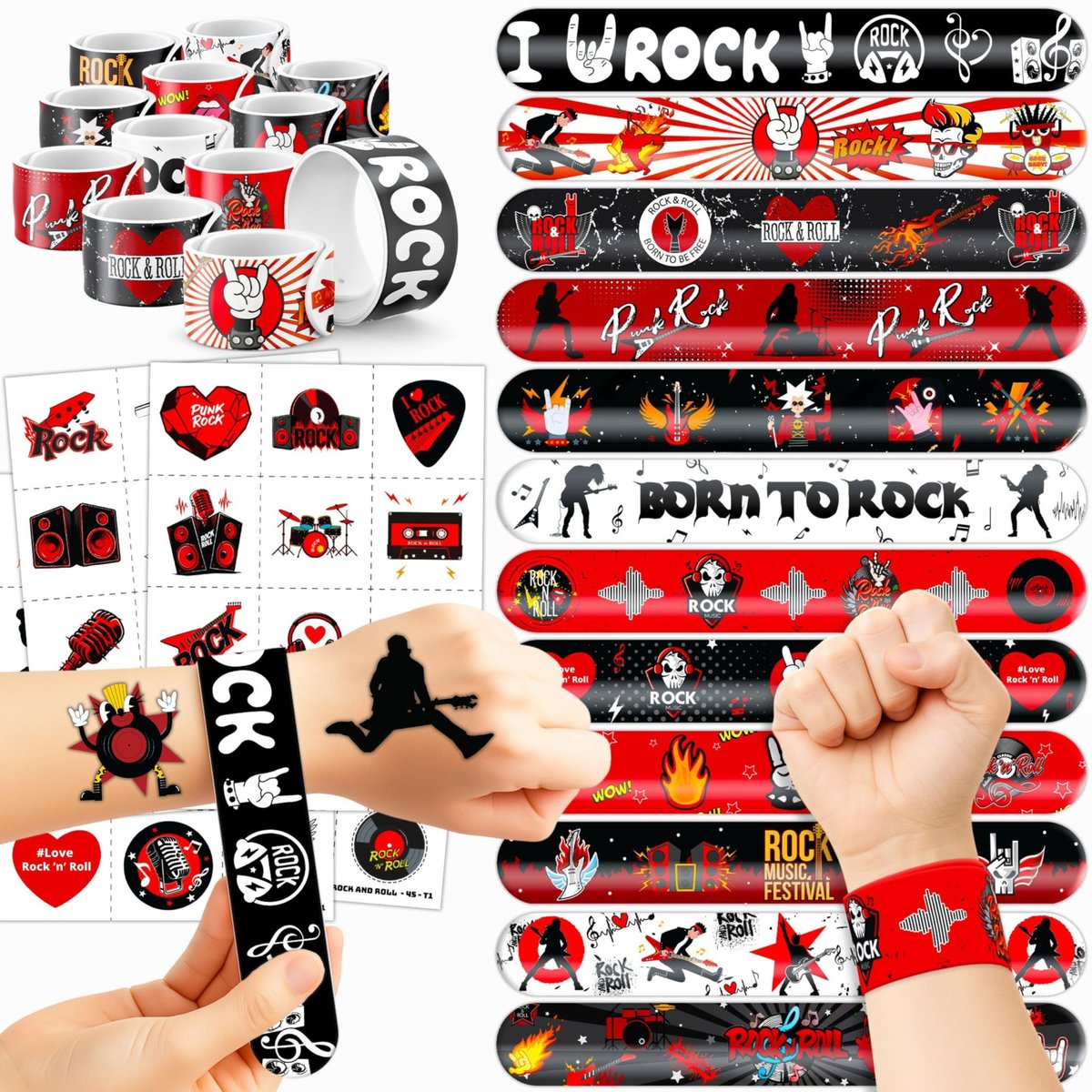Cherisnowy 72-teiliges Rock and Roll Party-Set: 48 temporäre Tattoos + 24 Slap-Armbänder für Musik-Fans, Kindergeburtstage, Schulbelohnungen und Partydekoration