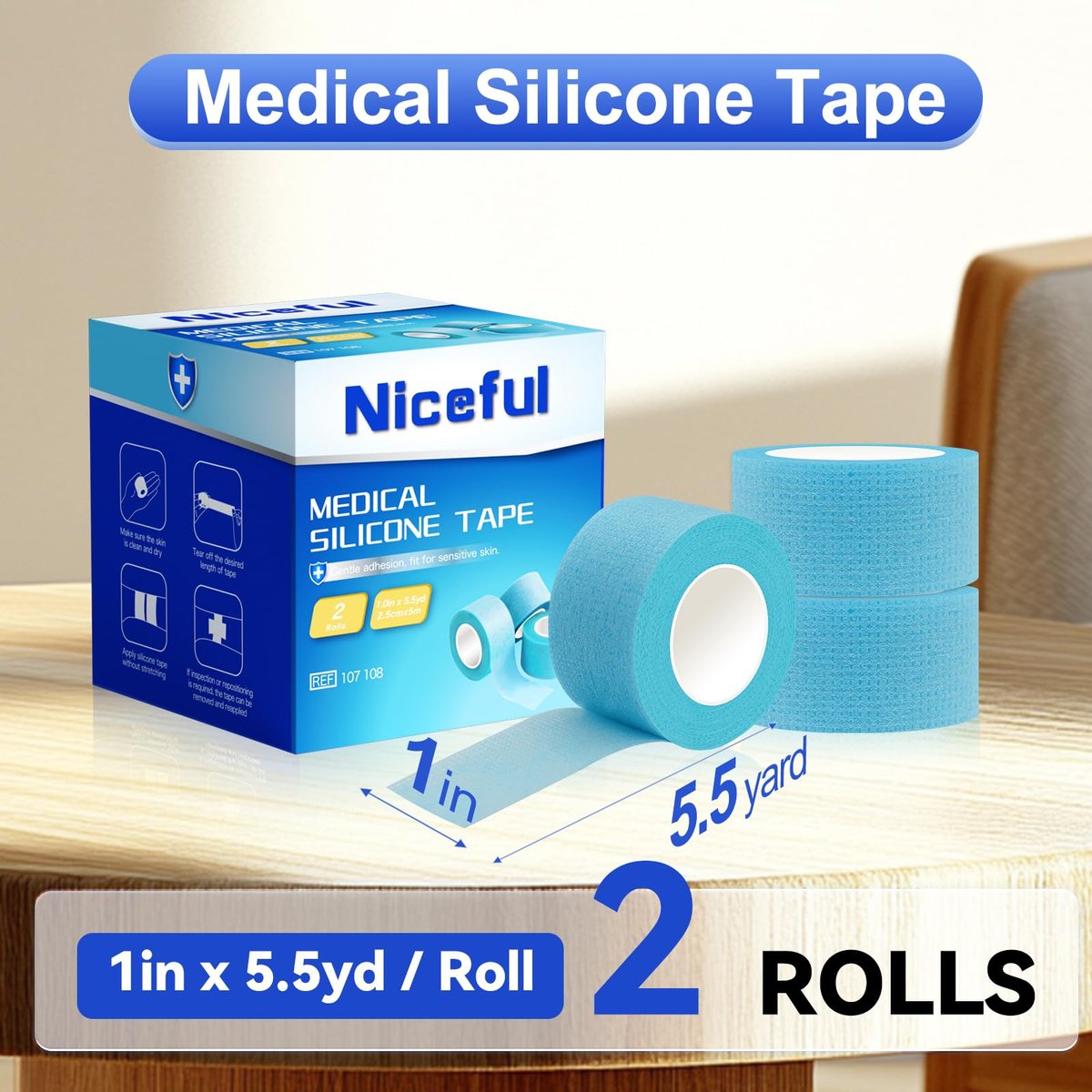 Niceful 2 Rollen Silikon-Medizinisches Tape für die Wundversorgung - Hypoallergenes Chirurgisches Tape zur Fixierung von Verbänden und Gaze, Blaues Wasserdichtes Medizinisches Tape für empfindliche Haut (1" x 5,5 Yard)