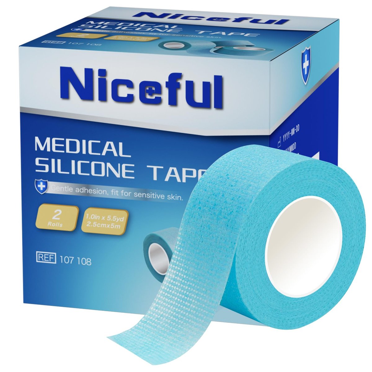Niceful 2 Rollen Silikon-Medizinisches Tape für die Wundversorgung - Hypoallergenes Chirurgisches Tape zur Fixierung von Verbänden und Gaze, Blaues Wasserdichtes Medizinisches Tape für empfindliche Haut (1" x 5,5 Yard)