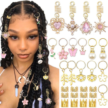 VENOFEN 36-teiliger pinker Kristall-Haarschmuck: Schmetterlings-Haarspangen, Blumen-Loc-Juwelen, Perlen-Haarcharms, goldene Haarmanschetten und Ringe – Valentinstag-Zubehör für Frauen und Mädchen