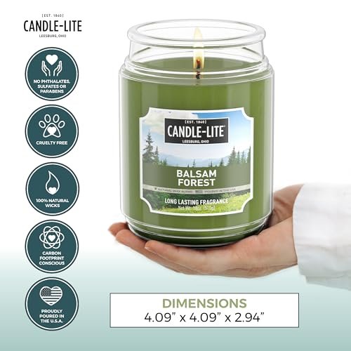 Candle-lite Herbst-Duftkerzen, Balsam Forest Duft, 18 oz Glas, Stolz in den USA gegossen, Aromatherapie-Kerze, Einzeldocht mit 110 Stunden Brenndauer, Perfekt für eine erfrischende Atmosphäre