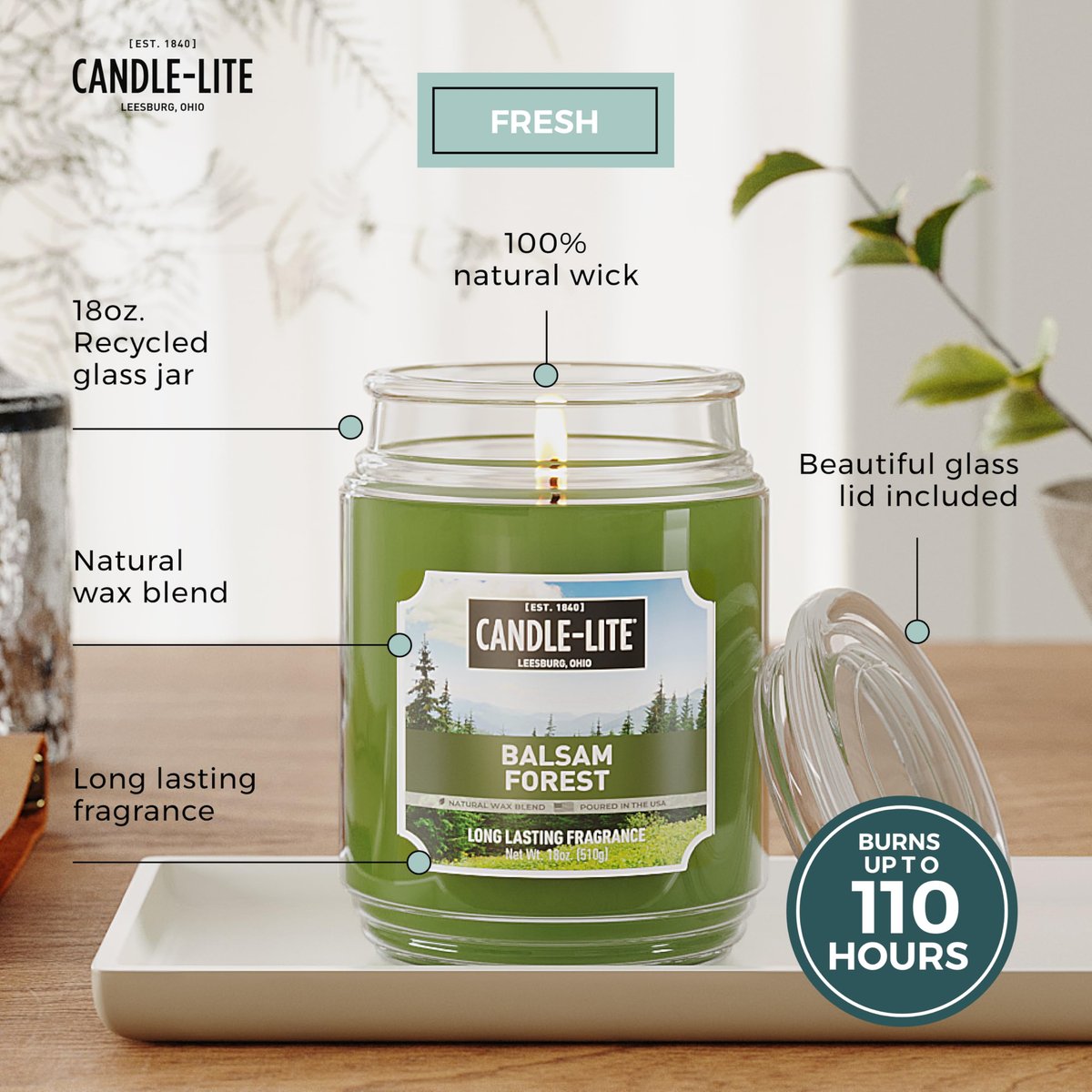 Candle-lite Herbst-Duftkerzen, Balsam Forest Duft, 18 oz Glas, Stolz in den USA gegossen, Aromatherapie-Kerze, Einzeldocht mit 110 Stunden Brenndauer, Perfekt für eine erfrischende Atmosphäre