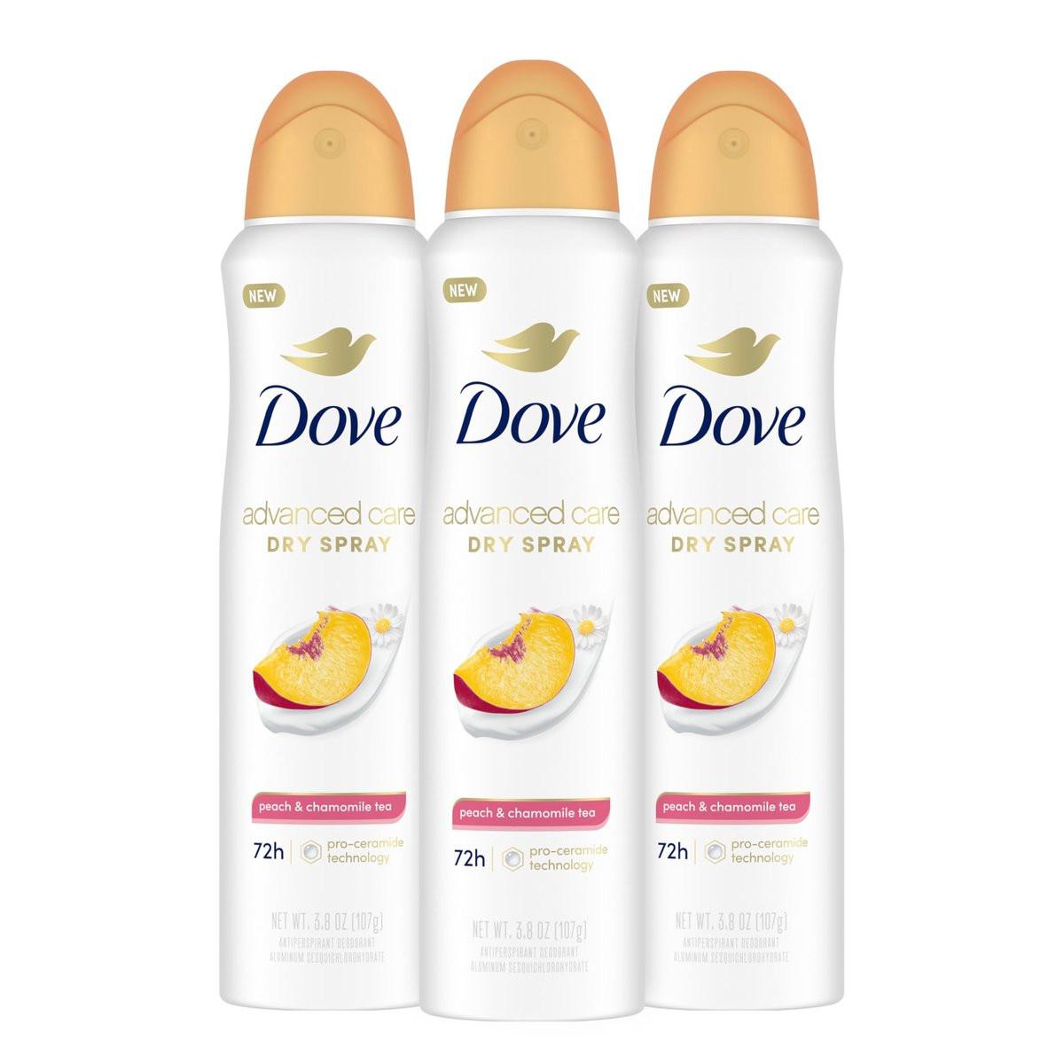 Dove Advanced Care Antitranspirant Deodorant Trockenspray Pfirsich & Kamillentee 3er-Pack – 72h Geruchskontrolle & ganztägiger Schutz vor Nässe mit ProCeramide Technologie, 3,8 oz