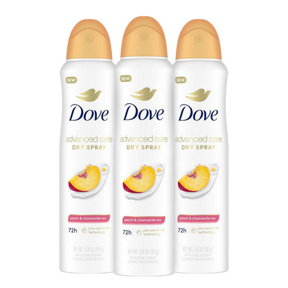 Dove Advanced Care Antitranspirant Deodorant Trockenspray Pfirsich & Kamillentee 3er-Pack – 72h Geruchskontrolle & ganztägiger Schutz vor Nässe mit ProCeramide Technologie, 3,8 oz