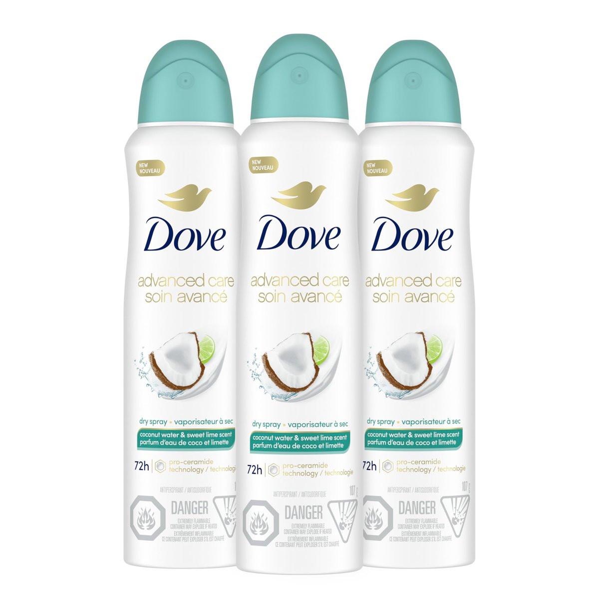Dove Antitranspirant Deodorant Trockenspray Kokoswasser & Limette Duft, 3er-Pack, 3,8 oz – Hautberuhigung nach der Rasur, Geruchs- & Schweißschutz mit Pro Ceramid Technologie