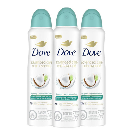 Dove Antitranspirant Deodorant Trockenspray Kokoswasser & Limette Duft, 3er-Pack, 3,8 oz – Hautberuhigung nach der Rasur, Geruchs- & Schweißschutz mit Pro Ceramid Technologie