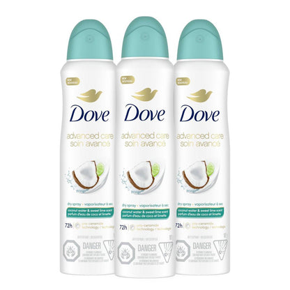 Dove Antitranspirant Deodorant Trockenspray Kokoswasser & Limette Duft, 3er-Pack, 3,8 oz – Hautberuhigung nach der Rasur, Geruchs- & Schweißschutz mit Pro Ceramid Technologie