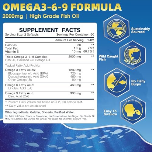 Triple Omega 3-6-9 Fischöl 2000mg mit Vitamin E - EPA & DHA Fettsäuren - Unterstützt Herz, Gehirn, Augen, Gelenke, Haut & Immunsystem - mit Leinöl & Borretschöl, Non-GMO, 120 Softgels