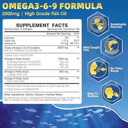 Triple Omega 3-6-9 Fischöl 2000mg mit Vitamin E - EPA & DHA Fettsäuren - Unterstützt Herz, Gehirn, Augen, Gelenke, Haut & Immunsystem - mit Leinöl & Borretschöl, Non-GMO, 120 Softgels