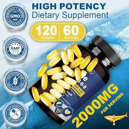 Triple Omega 3-6-9 Fischöl 2000mg mit Vitamin E - EPA & DHA Fettsäuren - Unterstützt Herz, Gehirn, Augen, Gelenke, Haut & Immunsystem - mit Leinöl & Borretschöl, Non-GMO, 120 Softgels