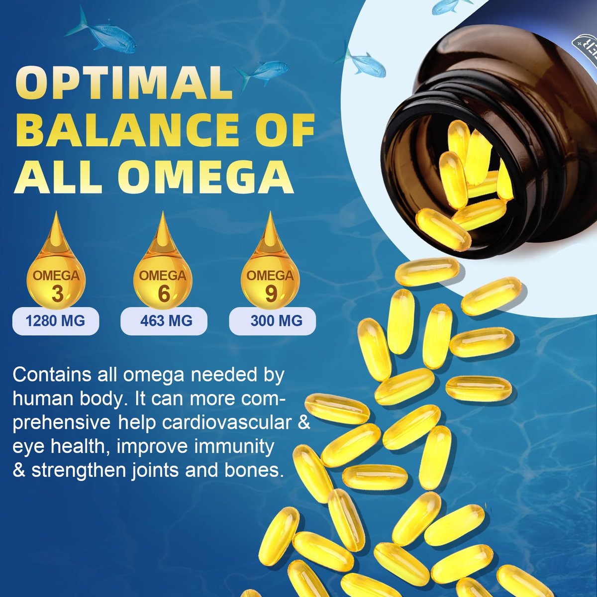 Triple Omega 3-6-9 Fischöl 2000mg mit Vitamin E - EPA & DHA Fettsäuren - Unterstützt Herz, Gehirn, Augen, Gelenke, Haut & Immunsystem - mit Leinöl & Borretschöl, Non-GMO, 120 Softgels