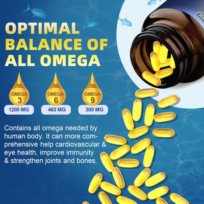 Triple Omega 3-6-9 Fischöl 2000mg mit Vitamin E - EPA & DHA Fettsäuren - Unterstützt Herz, Gehirn, Augen, Gelenke, Haut & Immunsystem - mit Leinöl & Borretschöl, Non-GMO, 120 Softgels
