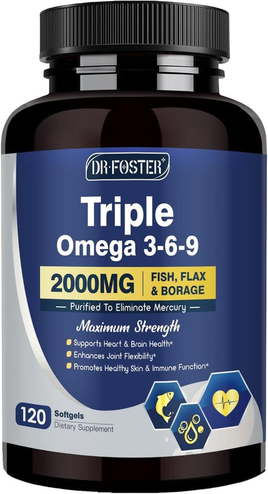 Triple Omega 3-6-9 Fischöl 2000mg mit Vitamin E - EPA & DHA Fettsäuren - Unterstützt Herz, Gehirn, Augen, Gelenke, Haut & Immunsystem - mit Leinöl & Borretschöl, Non-GMO, 120 Softgels