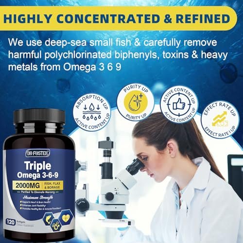 Triple Omega 3-6-9 Fischöl 2000mg mit Vitamin E - EPA & DHA Fettsäuren - Unterstützt Herz, Gehirn, Augen, Gelenke, Haut & Immunsystem - mit Leinöl & Borretschöl, Non-GMO, 120 Softgels