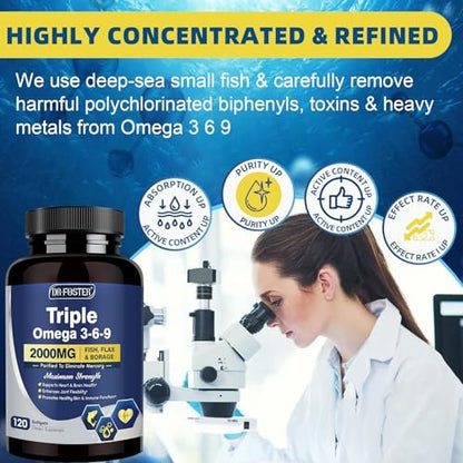 Triple Omega 3-6-9 Fischöl 2000mg mit Vitamin E - EPA & DHA Fettsäuren - Unterstützt Herz, Gehirn, Augen, Gelenke, Haut & Immunsystem - mit Leinöl & Borretschöl, Non-GMO, 120 Softgels