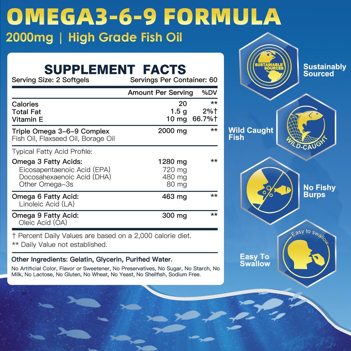 Triple Omega 3-6-9 Fischöl 2000mg mit Vitamin E - EPA & DHA Fettsäuren - Unterstützt Herz, Gehirn, Augen, Gelenke, Haut & Immunsystem - mit Leinöl & Borretschöl, Non-GMO, 120 Softgels