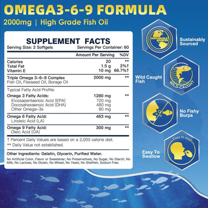 Triple Omega 3-6-9 Fischöl 2000mg mit Vitamin E - EPA & DHA Fettsäuren - Unterstützt Herz, Gehirn, Augen, Gelenke, Haut & Immunsystem - mit Leinöl & Borretschöl, Non-GMO, 120 Softgels