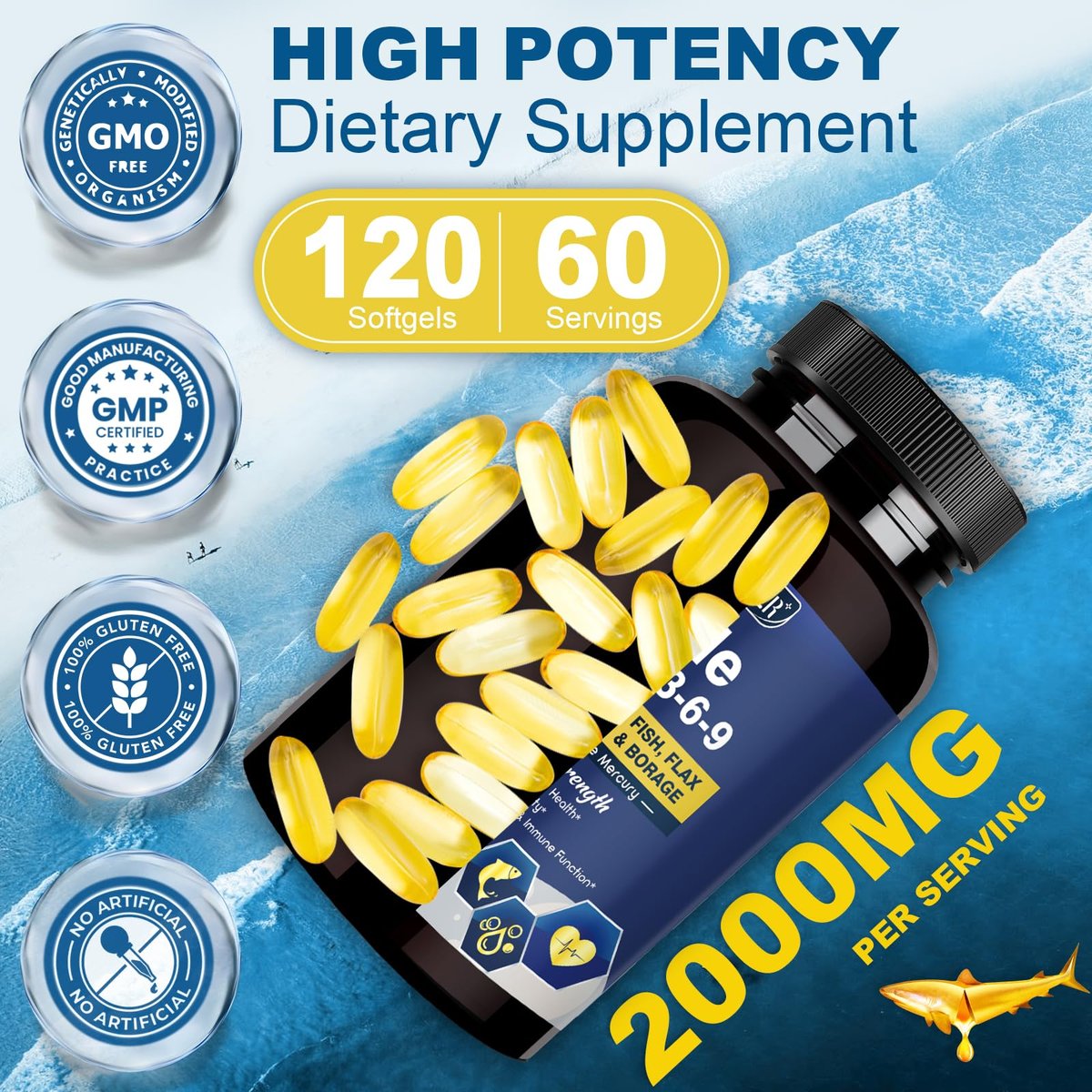 Triple Omega 3-6-9 Fischöl 2000mg mit Vitamin E - EPA & DHA Fettsäuren - Unterstützt Herz, Gehirn, Augen, Gelenke, Haut & Immunsystem - mit Leinöl & Borretschöl, Non-GMO, 120 Softgels
