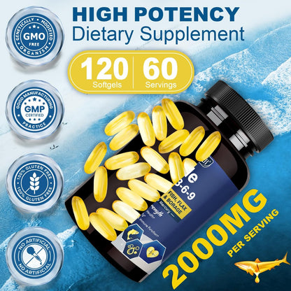 Triple Omega 3-6-9 Fischöl 2000mg mit Vitamin E - EPA & DHA Fettsäuren - Unterstützt Herz, Gehirn, Augen, Gelenke, Haut & Immunsystem - mit Leinöl & Borretschöl, Non-GMO, 120 Softgels