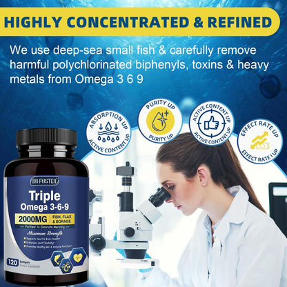 Triple Omega 3-6-9 Fischöl 2000mg mit Vitamin E - EPA & DHA Fettsäuren - Unterstützt Herz, Gehirn, Augen, Gelenke, Haut & Immunsystem - mit Leinöl & Borretschöl, Non-GMO, 120 Softgels