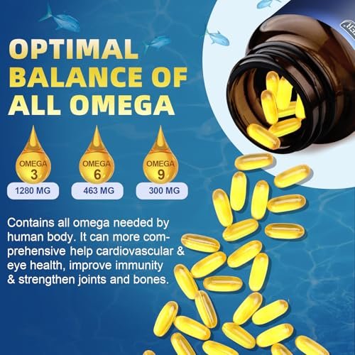 Triple Omega 3-6-9 Fischöl 2000mg mit Vitamin E - EPA & DHA Fettsäuren - Unterstützt Herz, Gehirn, Augen, Gelenke, Haut & Immunsystem - mit Leinöl & Borretschöl, Non-GMO, 120 Softgels