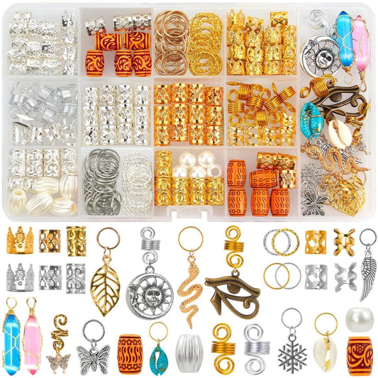 200-teiliges Haarperlen-Set für Dreadlocks, Gold und Silber – Haaraccessoires mit Kristall-Anhängern, Metallspiralen, Zopfmanschetten und Clips