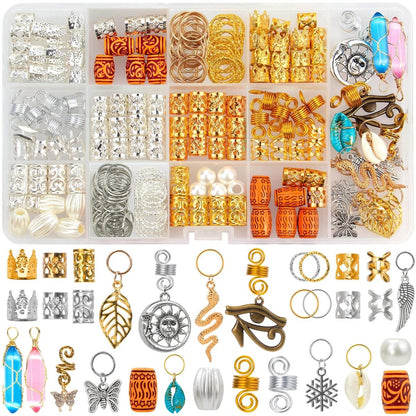 200-teiliges Haarperlen-Set für Dreadlocks, Gold und Silber – Haaraccessoires mit Kristall-Anhängern, Metallspiralen, Zopfmanschetten und Clips