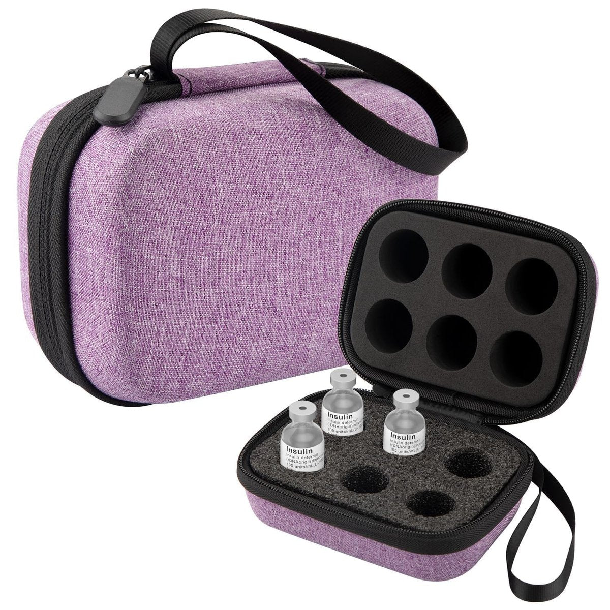 Mviioe Insulin-Kühlschrank-Aufbewahrungstasche für Insulinfläschchen, Peptid-Organizer-Tasche für 10-ml-Fläschchen, herausnehmbares Design mit 2 Größen Schaumstoff (6 Steckplätze) (Lila)