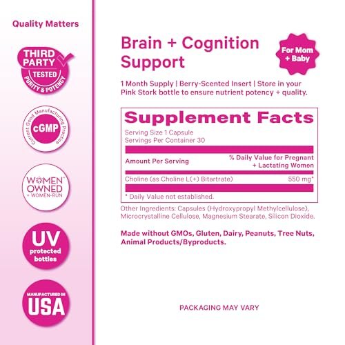 Pink Stork Cholin - 550 mg Cholinbitartrat von VitaCholine für Schwangere und Stillende - Präparat für fetale kognitive Gesundheit und Muttermilchqualität - 1 Kapsel täglich, 30 Stück