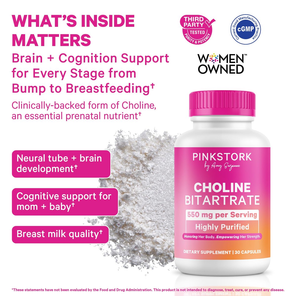 Pink Stork Cholin - 550 mg Cholinbitartrat von VitaCholine für Schwangere und Stillende - Präparat für fetale kognitive Gesundheit und Muttermilchqualität - 1 Kapsel täglich, 30 Stück