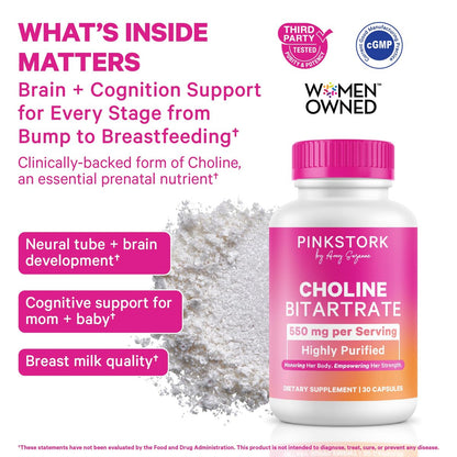 Pink Stork Cholin - 550 mg Cholinbitartrat von VitaCholine für Schwangere und Stillende - Präparat für fetale kognitive Gesundheit und Muttermilchqualität - 1 Kapsel täglich, 30 Stück