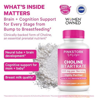 Pink Stork Cholin - 550 mg Cholinbitartrat von VitaCholine für Schwangere und Stillende - Präparat für fetale kognitive Gesundheit und Muttermilchqualität - 1 Kapsel täglich, 30 Stück