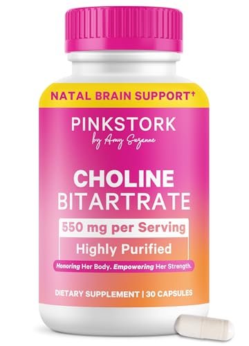 Pink Stork Cholin - 550 mg Cholinbitartrat von VitaCholine für Schwangere und Stillende - Präparat für fetale kognitive Gesundheit und Muttermilchqualität - 1 Kapsel täglich, 30 Stück